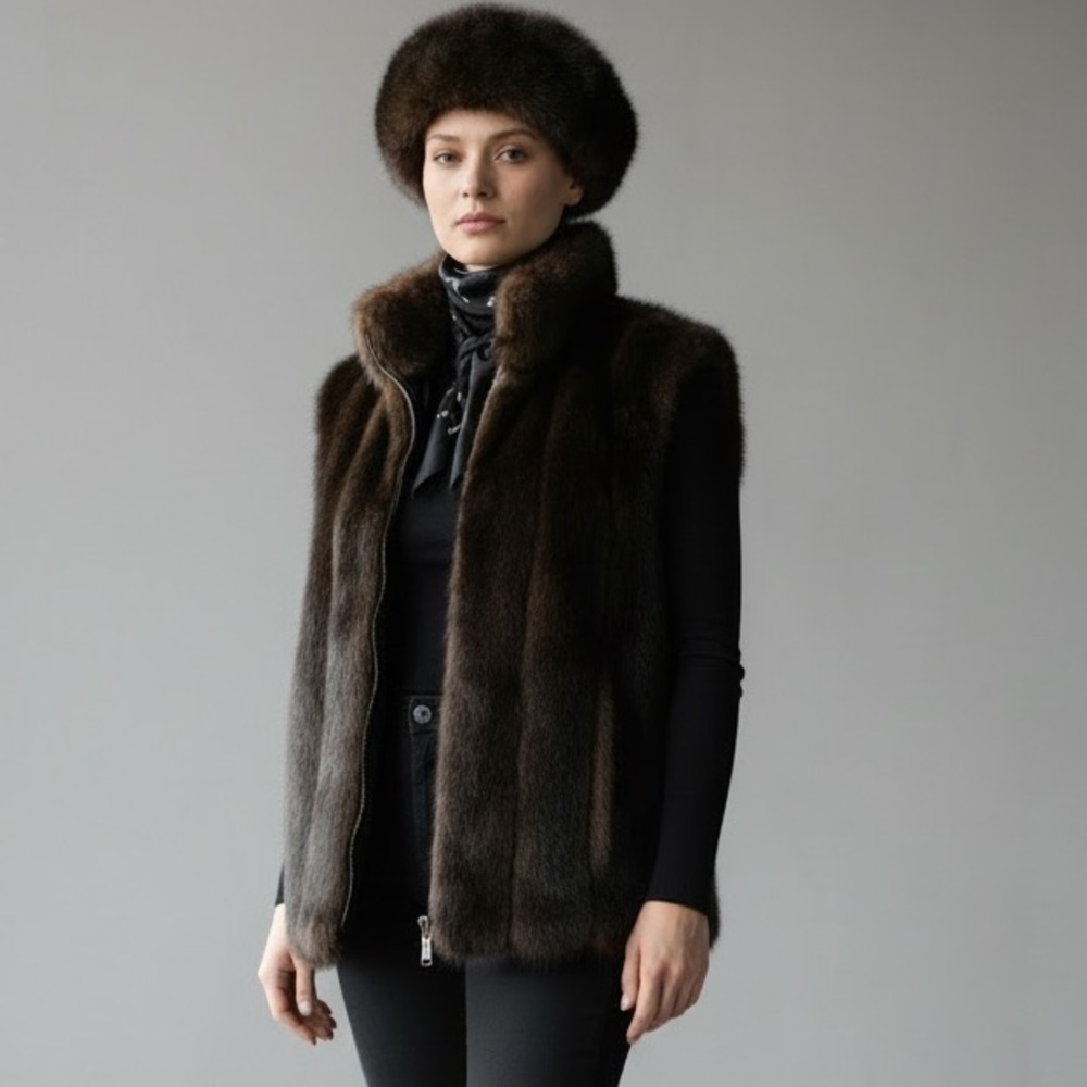 Vtg Toppers Reversible Faux Fur Vest + Hat 2 Pc Set Sz M Boho Mob Wife 80s